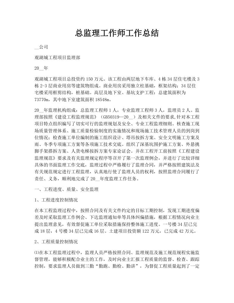 总监理工作师工作总结