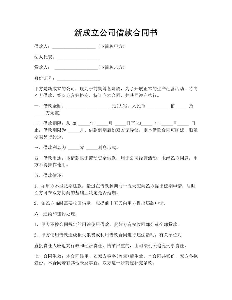 新成立公司借款合同书